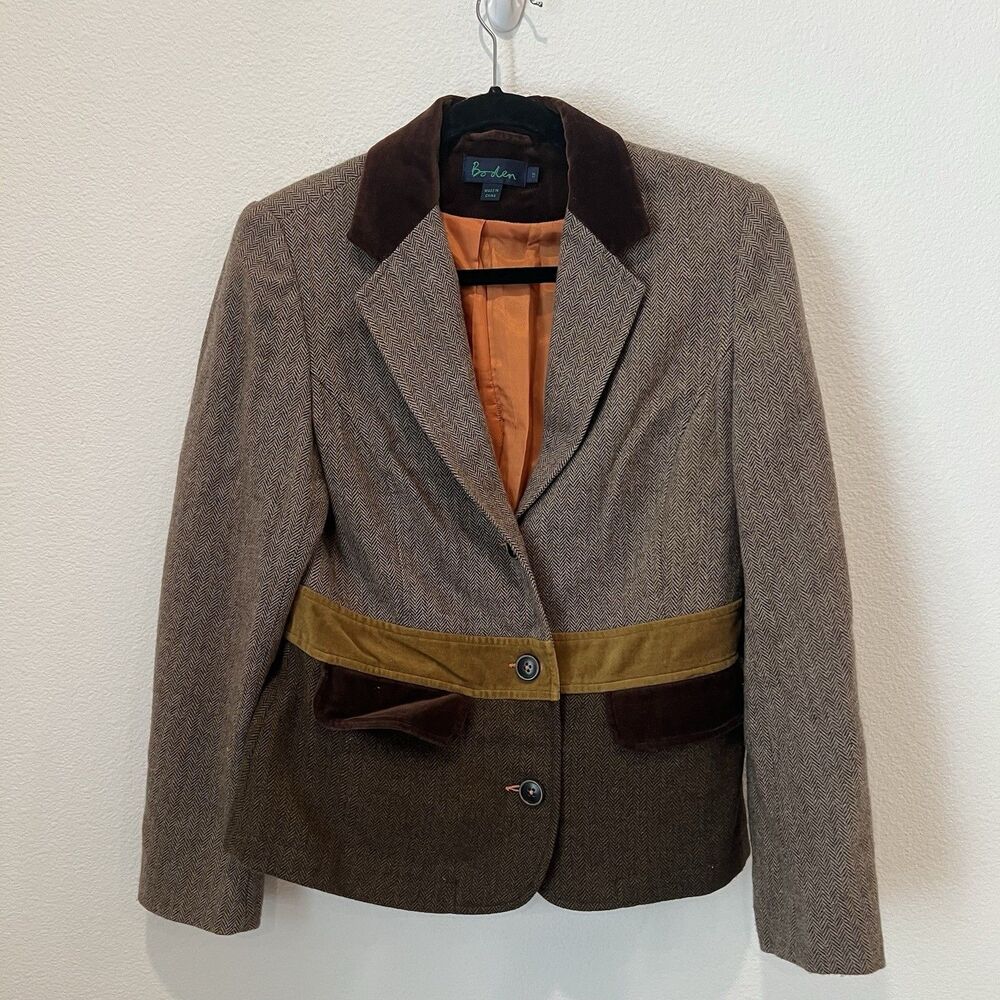BODEN Herringbone Blazer Hacking Jacket Wool Blend Elbow Patch Size UK 14 US 10